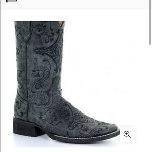 Distressed Black Embroidered Cowboy Boots Square Toe